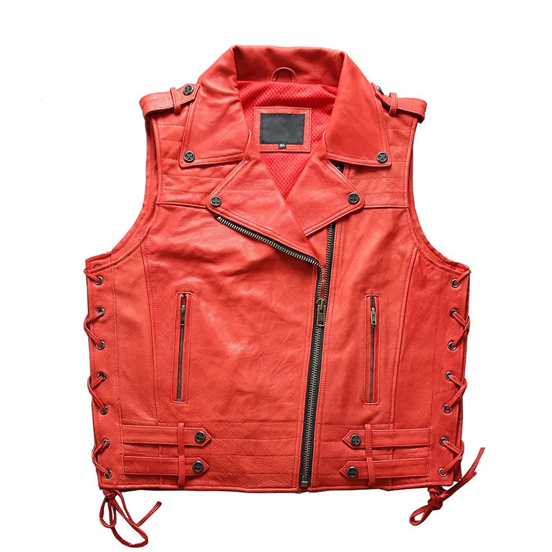 

2020 Red Men American Motorcycle Plus Size XXXL Genuine Thick Cowhide Slim Fit Biker's Leather Vest FREE SHIPPING