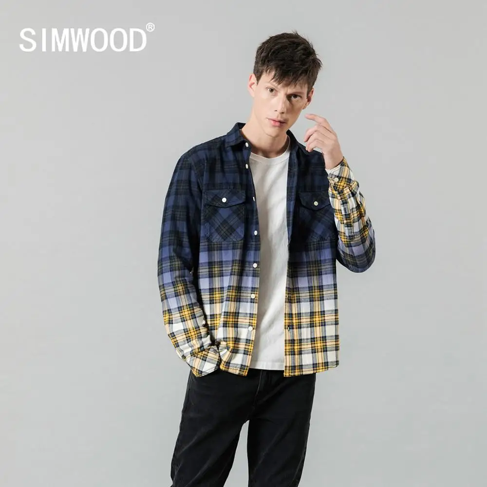 

SIMWOOD 2019 autumn new shirts men tie-dyed plaid contrast color fashion slim fit cotton shirt plus size clothes SI980661