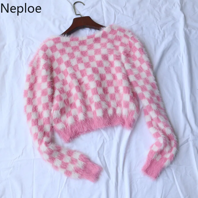 Neploe Checkerboard Mink Cashmere Sweater Cardigan Women V Neck Short Single-breasted Sweaters Fashion Feamle Cardigans 80290