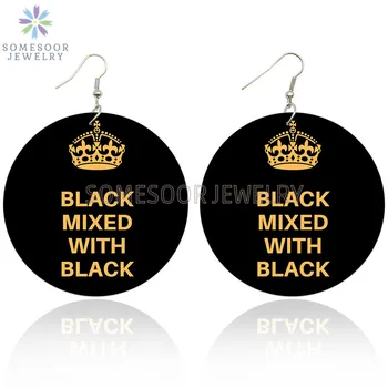 

SOMESOOR Black Mixed With Black Queen Crown Design Wooden Drop Earrings Inspire Sayings Both Side Print Ear Loops For Women Gift