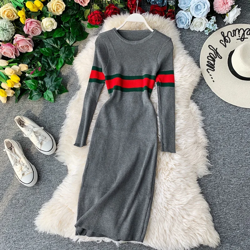 

Fashion Slim Patchwork Autumn Winter Bodycon Knit Sweater Midi Pencil Dress Party Women Casual Long Sleeve Knee Length Vestidos