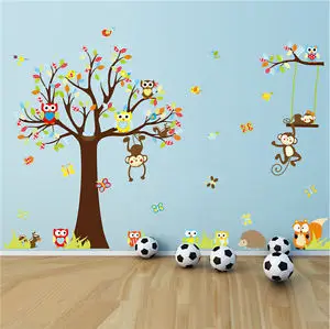 

4 Sheet 30x90CM Forest Cartoon Animal Monkey Owls Tree Wall Sticker Vinyl Mural Decal Kids Room Decor Kids DIY Stickers