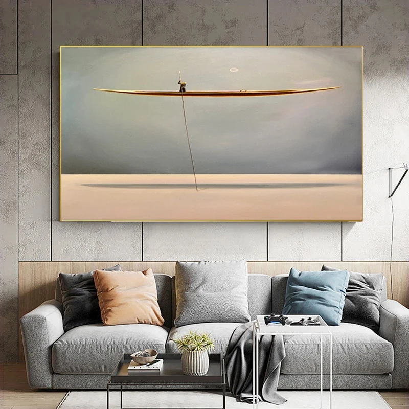 Sea Golden Boat Abstract Canvas Painting Nordic Vintage Posters and Prints Modern Wall Art Pictures for Living Room Home Decor