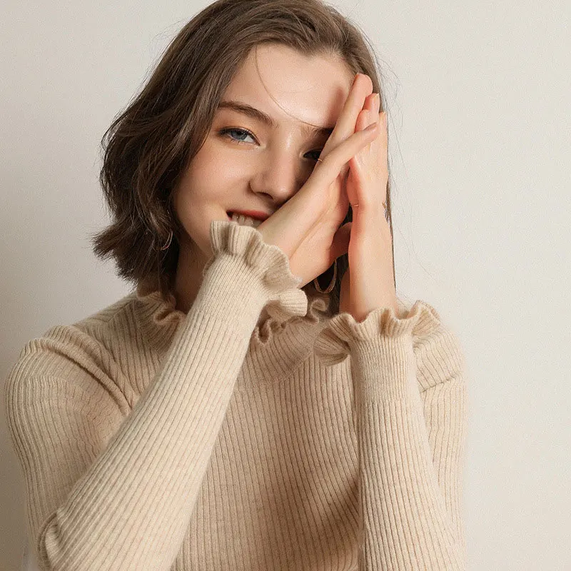 Women Sweater Ruffled Knitted Turtleneck Pullover Korean Spring Autumn Solid Sweaters Female Pullovers Slim Fashion Lady Jumper | Женская