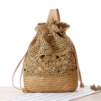 

Drawstring Crochet Straw Knitte Women Beach Bags Floral Handmade Summer Girl Sweet Hook Flower Backpack Double Shoulder Bag