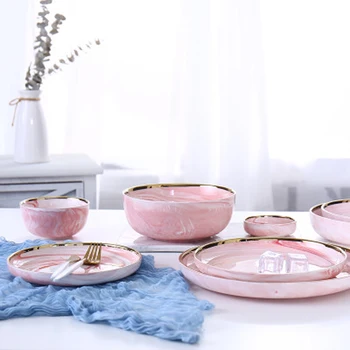 

New 2 People Set Pink Marble Ceramic Dinner Dish Rice Salad Noodles Bowl Soup Plates Dinnerware Sets Tableware Kitchen Cook Tool