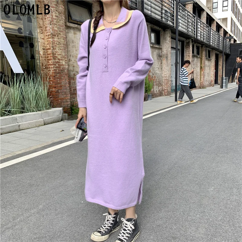 

One-Piece Autumn Winter Sweater Dress Women Autumn Winter Korean Long Sleeve Knitted Dresses 2020 Woman Purple Beige Midi Dress