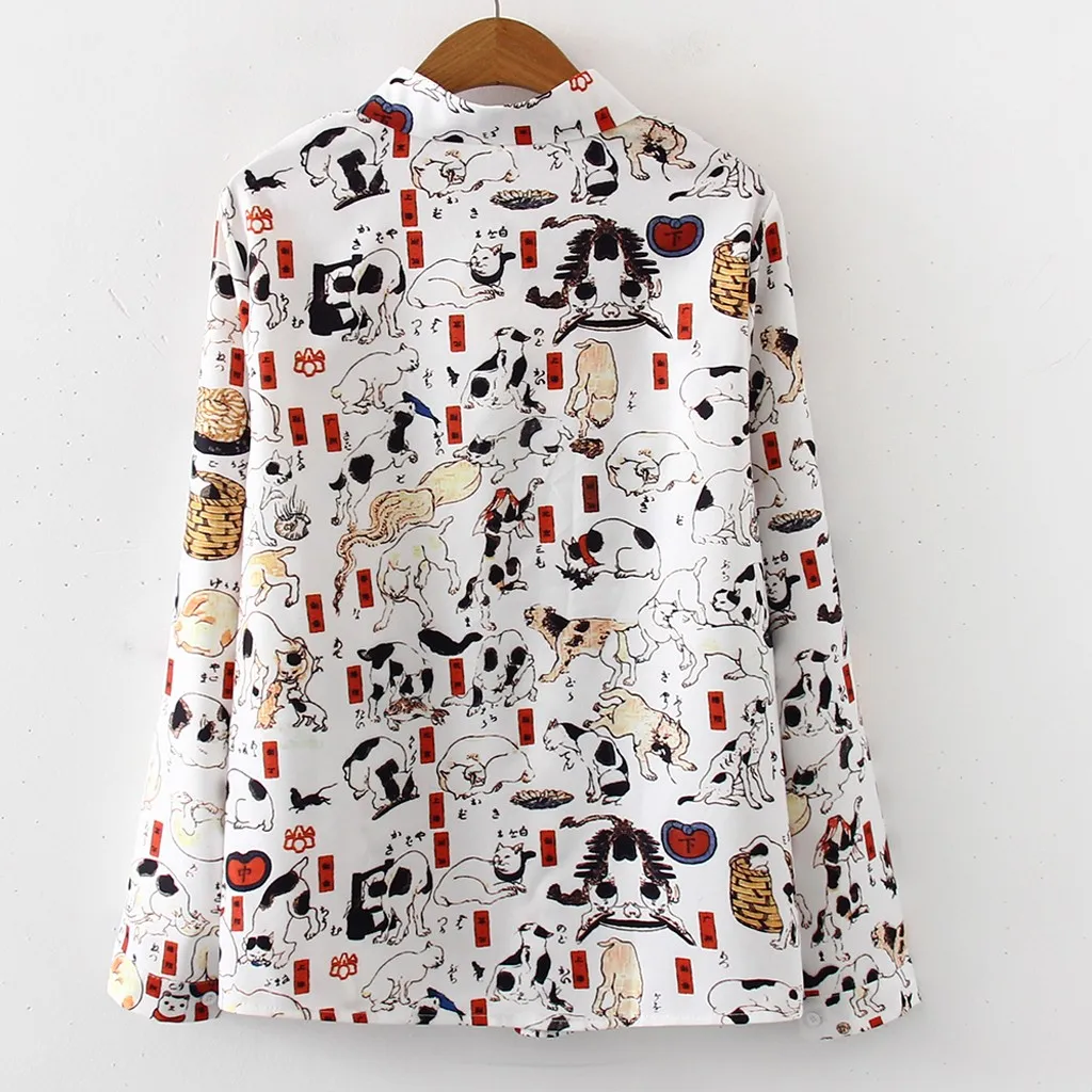 Блузка женская с рисунком Топ кошка граффити Печать рубашка длинный рукав отложной воротник лацканы блузка свободного кроя из хлопка рубашка# D2