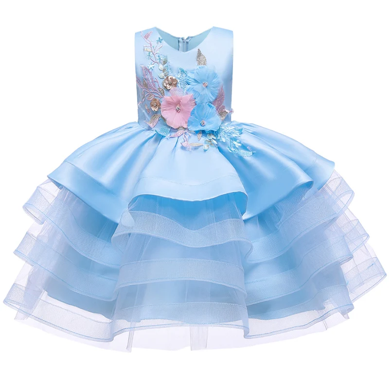 Атласное платье для первого причастия для маленьких детей; блестящее бальное платье; Пышное Платье; Платья с цветочным узором для девочек на свадьбу; платье для банкета сзади - Цвет: blue