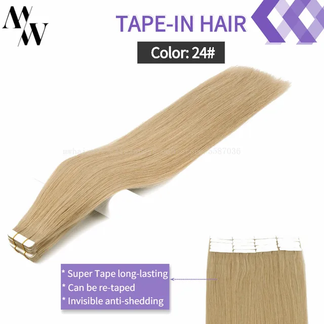 MW Double Drawn Remy Tape In Human Hair Extensions 100% Real Skin Weft Adhesive Glue On Seamless Natural Hair 16/20/24 Inches #24