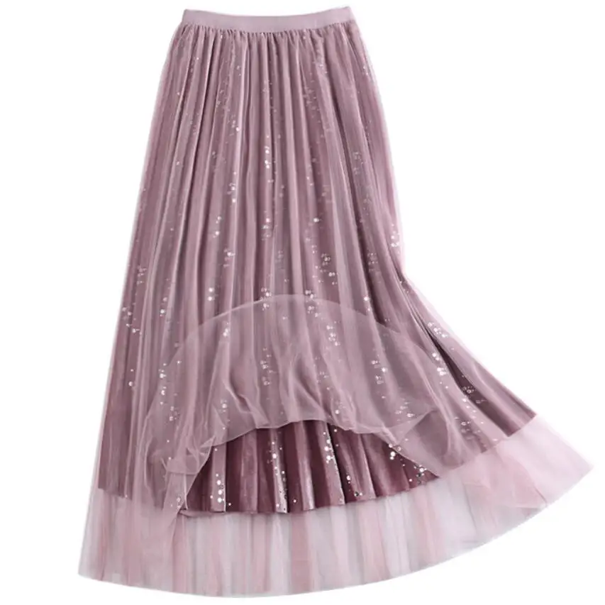 Весна осень модная расшитая блестками плиссированная юбка для женщин с высокой талией Миди сетчатая юбка