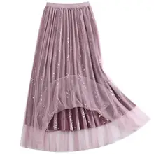 Весна осень модная расшитая блестками плиссированная юбка для женщин с высокой талией Миди сетчатая юбка