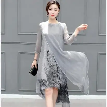 New Women Dress 2020 Womens Spring Wear Vintage Chiffon Side Slit Plus Size 3XL 4XL 5XL Printed Ethnic Dresses J311 | Женская одежда