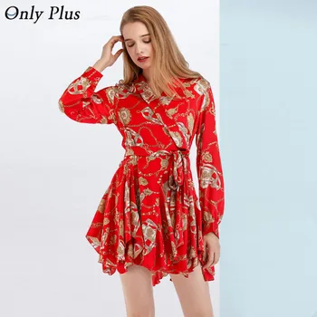 

Only Plus Sexy V-Neck Red Stain Wrap Dress Printed Long Sleeve Elegant Ruffle Spring Midi Dress Women Beach Vacation Dresses