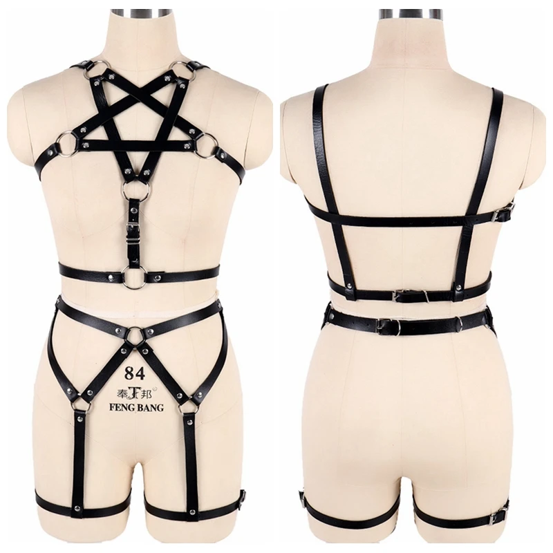 

Sexy Harness Garter Belts Set Pentagram Top Bra Punk Pole Dance Body Cage Suspender Lingerie Strap Plus Size Stocking Women