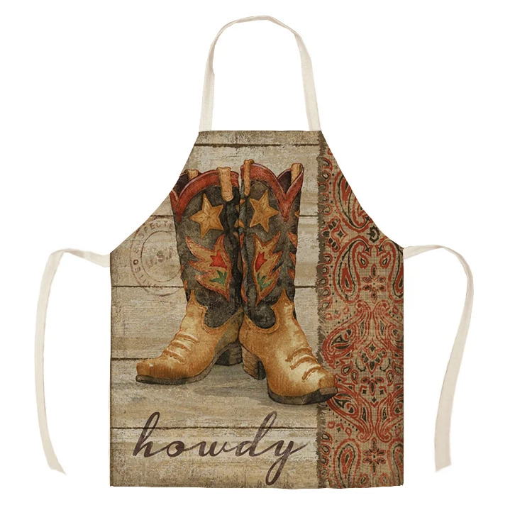 Linen Cowboy Shoes Hat Pattern Print Kitchen Aprons Unisex Dinner Party Cooking Bib Funny Pinafore Cleaning Apron WQC248 - Цвет: WQC24802