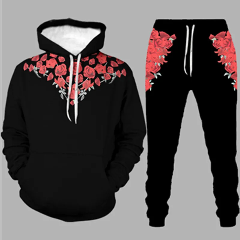 

Gothic 3d Rose Flower Print Men's Sets Fall Trendy Tops Hoodies Sweatshirt 2Pcs Sweatpants Jogger Suit Direct Selling Tracksuit
