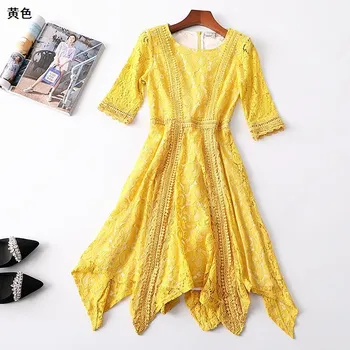 

New 117506 women s summer round collar zipper short sleeve and long lace hole in the dress