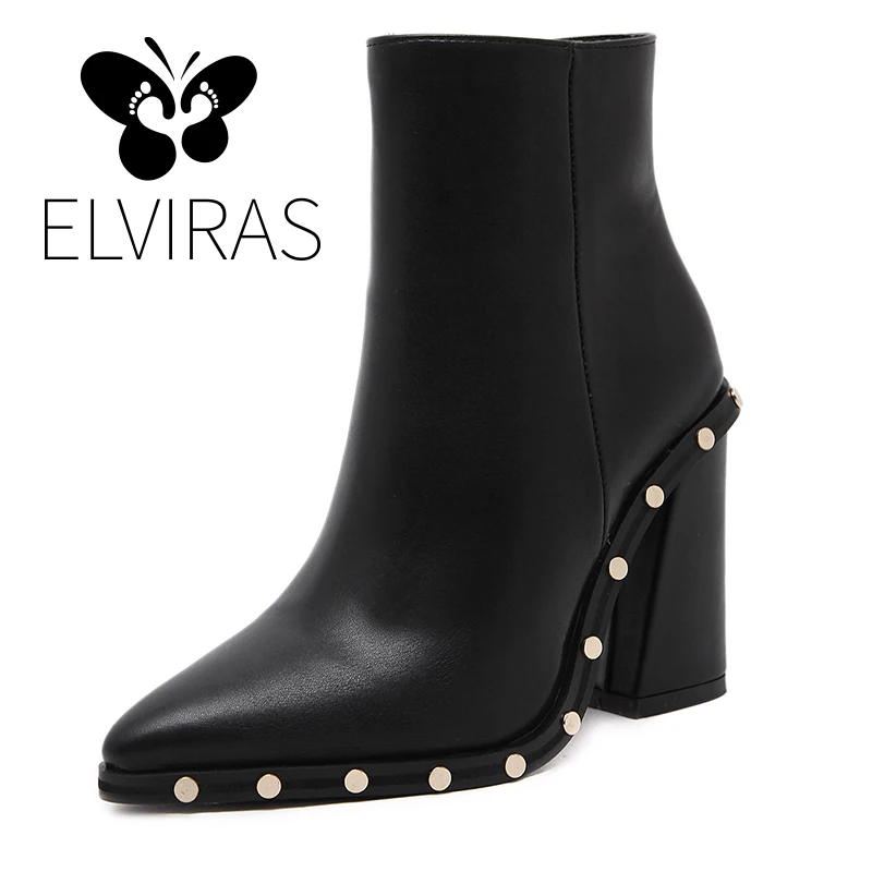 

ELVIRAS New autumn and winter rivet women's boots high quality solid color pointed ladies shoes PU leather fashion boots zipper