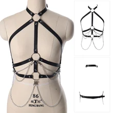 Бюстгальтер из искусственной кожи с ремнем для нижнего белья, Фетиш для женщин, боди, сексуальные топы, металлическая цепочка, клетчатый Бралетт, готический, панк, танец, Рейв