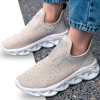 

Women's Flat Breathable Shoes Summer Casual Ladies Mesh Sneakers Crystal Walking Shoes Female Office shallow Vulcanized Shoes