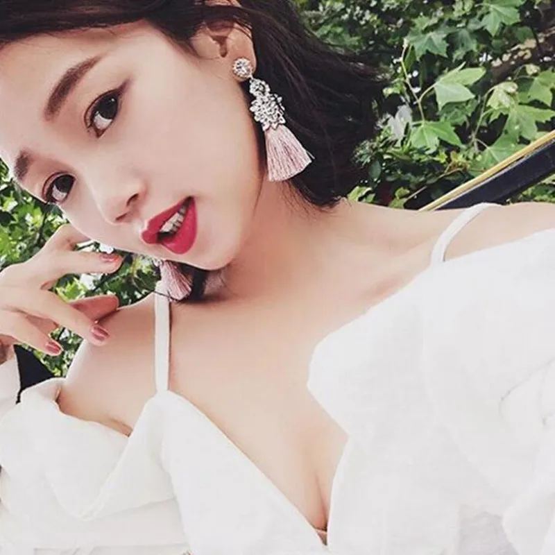 AE CANFLY Full Rhinestone Long Thread Tassel Earrings Temperament oorbellen Big Statement Earring Fashion Jewelry EX551|tassel earrings|thread