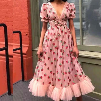 

woman summer long dress strawberry sequin dresses 2020 runway
