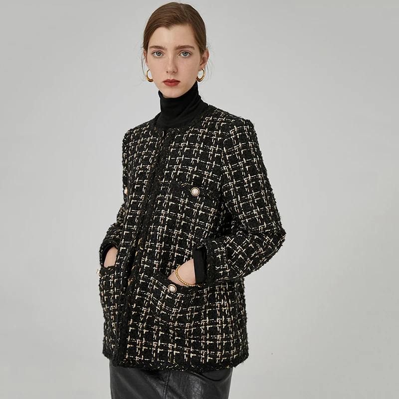 awesome  [EAM] Loose Fit Black Plaid Tweed Temperament Jacket New Lapel Long Sleeve Women Coat Fashion Tide 