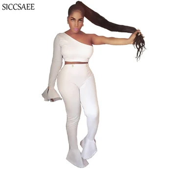 

Flare Sleeve One Shoulder Crop Top Bell Bottom Pants Ruffles White Bandage 2 Piece Set Women Bodycon Bodysuit Sexy Club Button