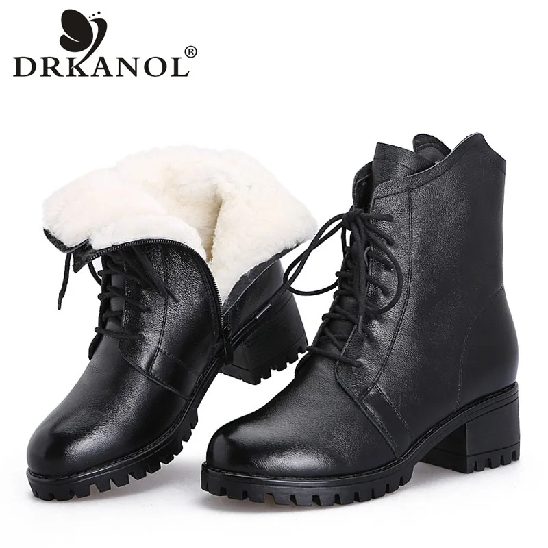 

DRKANOL Women Boots 2019 Winter Shearling Wool Keep Warm Snow Boots Women Ankle Boots 100% Genuine Leather Thick High Heel Shoes