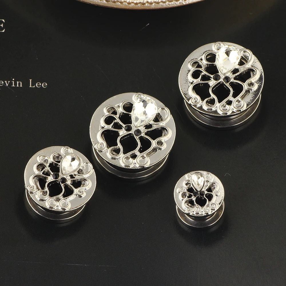 JunlowPY Surgical Steel Double Flared Screw Tunnel Rose Anodized Saddle Stretcher Ear Plugs Single Crystal Earring Piercing