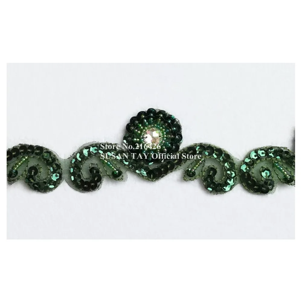 1yard 4.6cm Width Handmade Olive Green 3D Sequined Beaded Flower Lace Trimmings Sunrise Applique Dance Dress Costume DECOR BT90B