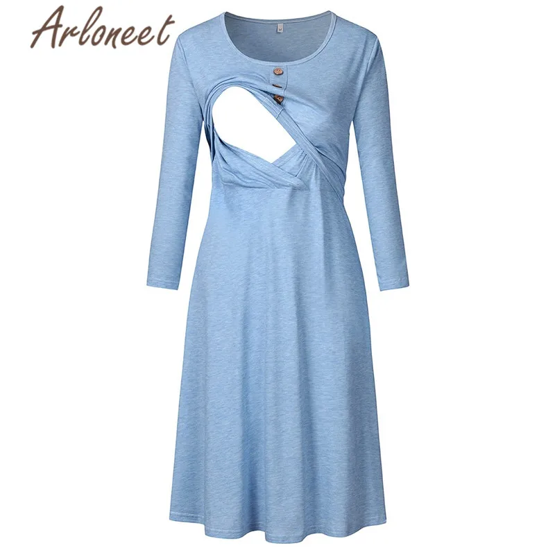 ARLONEET Pregnant Clothes Women Maternity Dresses Long Sleeve Dress Cotton Button Knee Length Dresses Winter Ladies Vestidos - Цвет: Синий