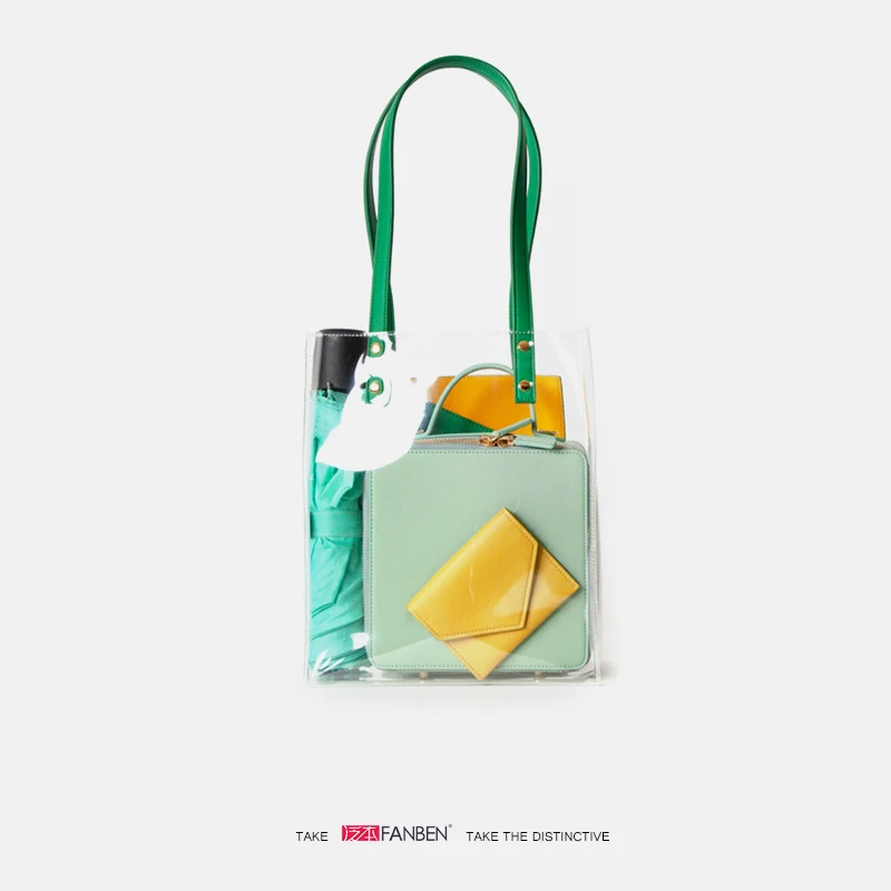 

3Pcs PVC Shopping Handbag Tote Shopper Handles Clear Transparent Large Capacity Flag Envelope Shoulder Bags 3Colors A1898