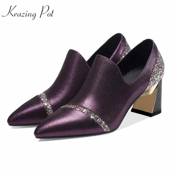 

Krazing pot special sheep leather pointed toe sequined cloth elegant mixed color brand med heels fashion zipper career pumps L61