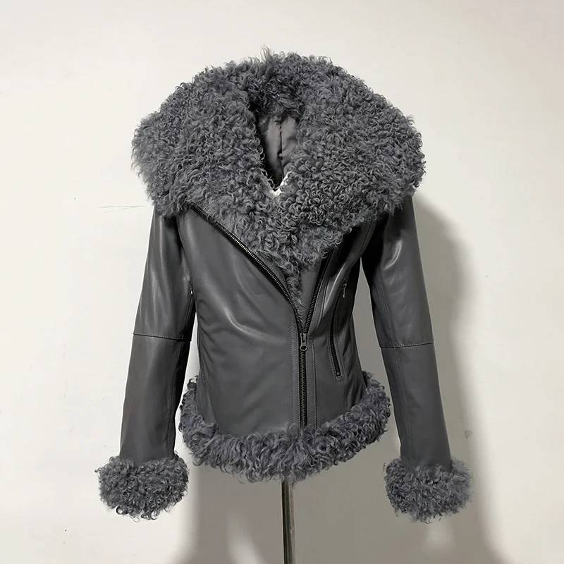 Серый Rf2044 Женская куртка из настоящей овчины 3XL 4XL размера плюс изготовленная на заказ мотоциклетная натуральная кожа мех ягненка овечья кожа длинное пальто - Цвет: Серый
