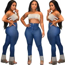 Latest Fashionable Sequins Tassels Women Jeans New High Waist Skinny Pencil Jeans Split Blue Denim Casual Pants Real Photo