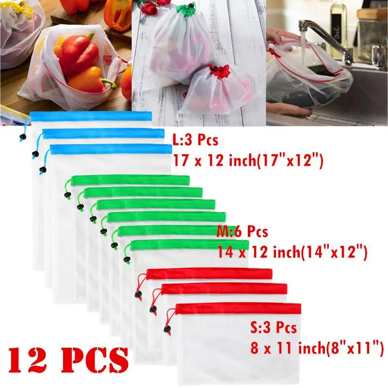 12 шт. сетчатые сумки для пищевых продуктов, для дома, многоразовые мешки для хранения фруктов, сумки из сетчатой ткани, сумки на шнурке для покупок, путешествий