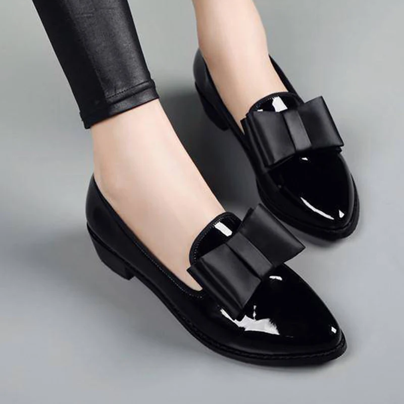 Women Pumps 2020 Women's Low Heels Bow Pointed Toe PU Leather Woman Slip On Platform Fashion Ladies Shoes Female Footwear