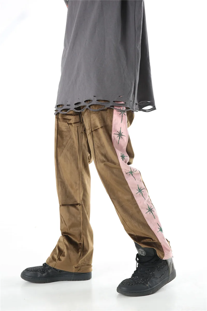 Темные значки бархатные Лоскутные мужские брюки с эластичным поясом со стразами прямые брюки для мужчин и женщин с молнией на лодыжке уличные модные брюки