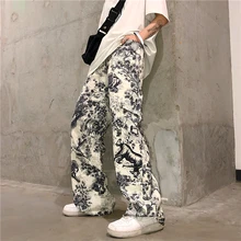 Граффити винтажный принт карго карман свободные стринги талии брюки для бега Harajuku уличная одежда корейские брюки в стиле панк Лето Хип-хоп трек