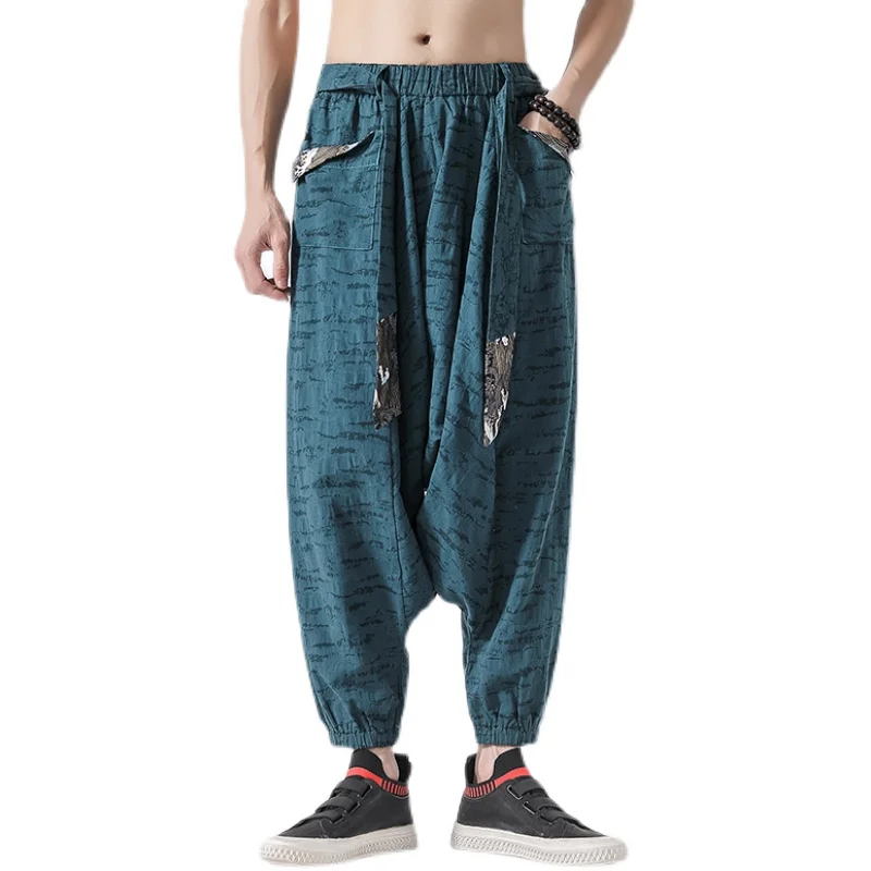Men Hip Hop Baggy Cotton Harem Pants Linen Wide Leg Trousers Chinese Style Vintage Cross Pants Crotch Robe men pants