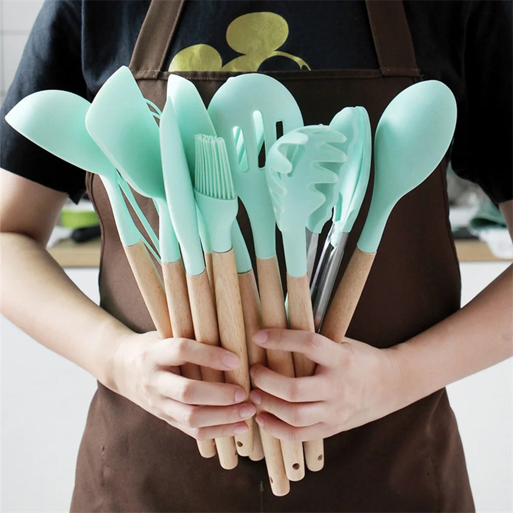 

11 To 13pcs Silicone Cooking Utensil Set Kitchen Utensils Non-stick Spatula Premium Wooden Handle with Storage Box Kitchen Tools