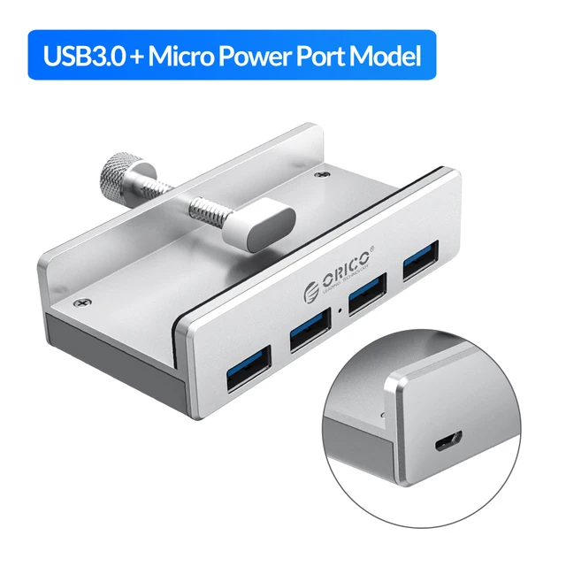 ORICO Clip-type USB 3.0 HUB Aluminum External Multi 4 Ports USB Splitter Adapter for Desktop Laptop Computer Accessories(MH4PU) USB 3.0 Power Silver