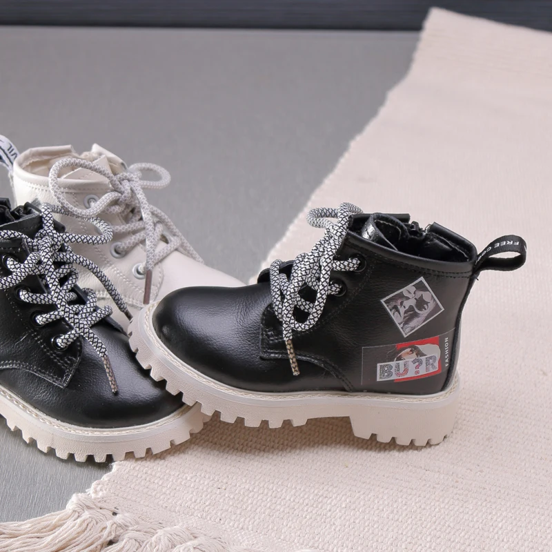 Winter Kids Martin Boots Boys Leather Shoes Non-slip Girls Sneakers Fashion Print Lace Up Baby Girl Boots Beige Black SGF034