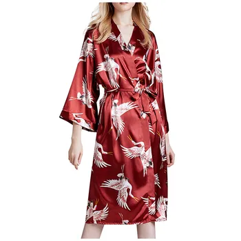 

Hot Sale Red Summer Satin Kimono Bathrobe Women Bride Bridesmaid Wedding Robe Dress Gown Sexy Flower Long Sleepwear #3
