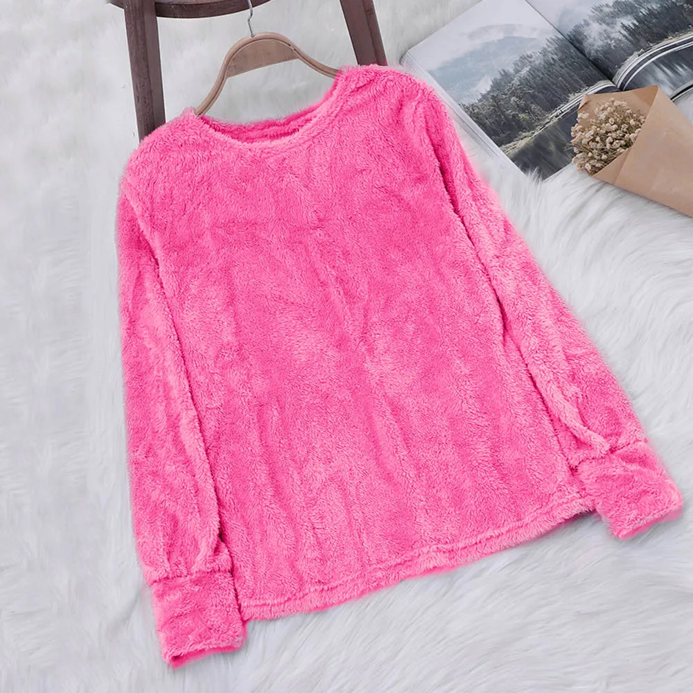 JAYCOSIN Fashion Women Artificial Wool Plush Sweatshirt Casual Simple Long Sleeve Solid Color Comfortable Pullover Blouse Top