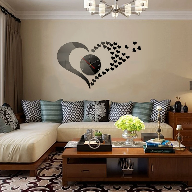 

Love Acrylic 3D mirror Quartz Watch Real Wall Stickers Home Decoration Heart Fashion Wall Clock Modern Design Clocks Children