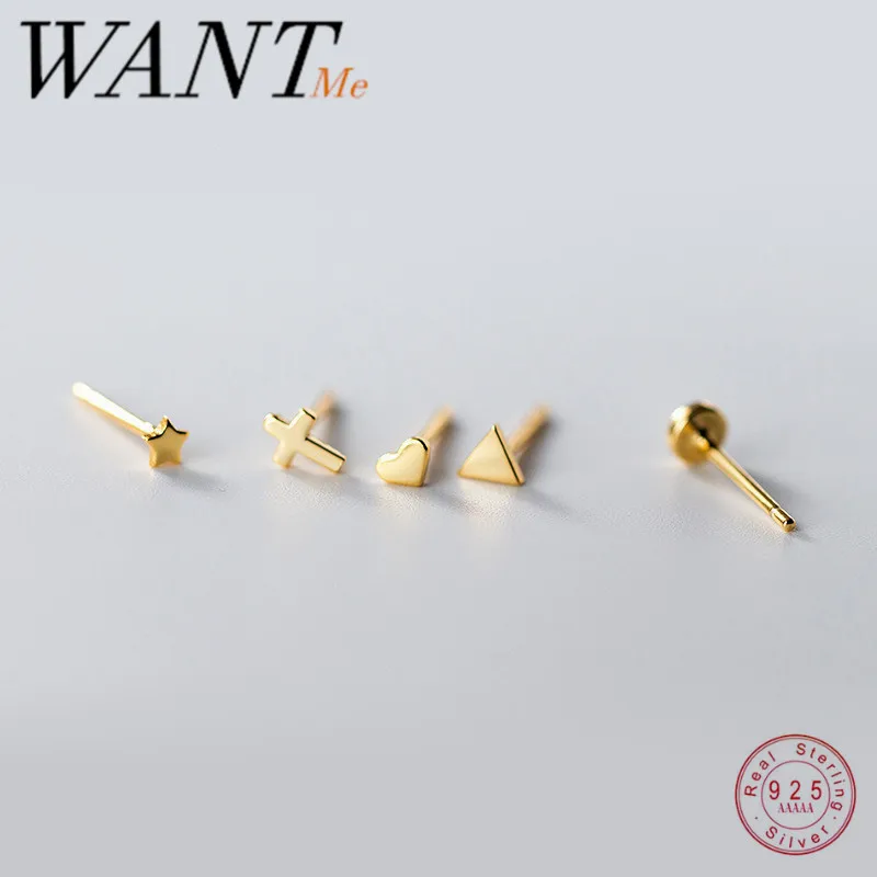 WANTME-pendientes pequeños con forma de cruz para mujer, aretes pequeños con forma de estrella de amor, con forma de triángulo, joyería juvenil para estudiante, Plata de Ley 925 auténtica