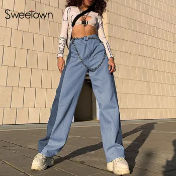 

Sweetown Blue High Waist Baggy Pants Women Patchwork Contrast Color Streetwear Trousers Casual Loose Plus Size Wide Leg Pants